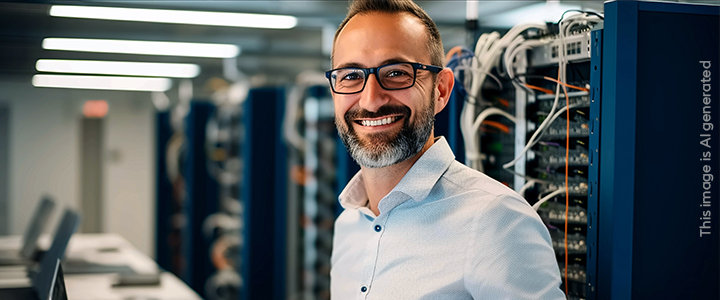 A man smiles in a server room