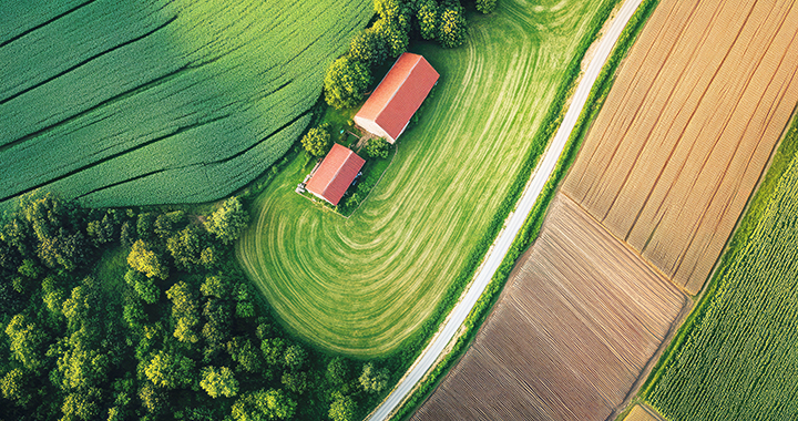 Top view image of a farm and lands nearby.