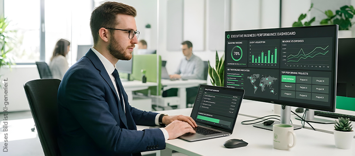 Ein Mann im Businessanzug arbeitet in einem Büro an einem Laptop.