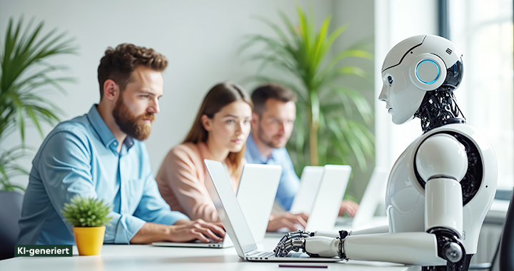 Büroangestellte, die gemeinsam mit einem Roboter an Laptops arbeiten