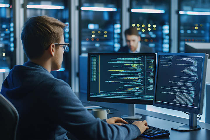 Mann sitzt vor dem Computer und prüft Warnungen