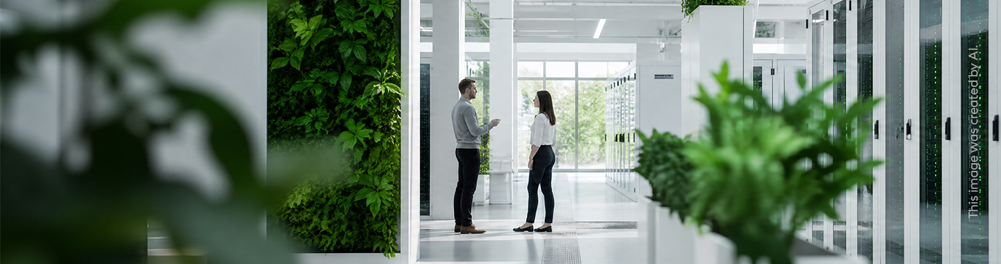 A woman and a man are talking in a green server room 