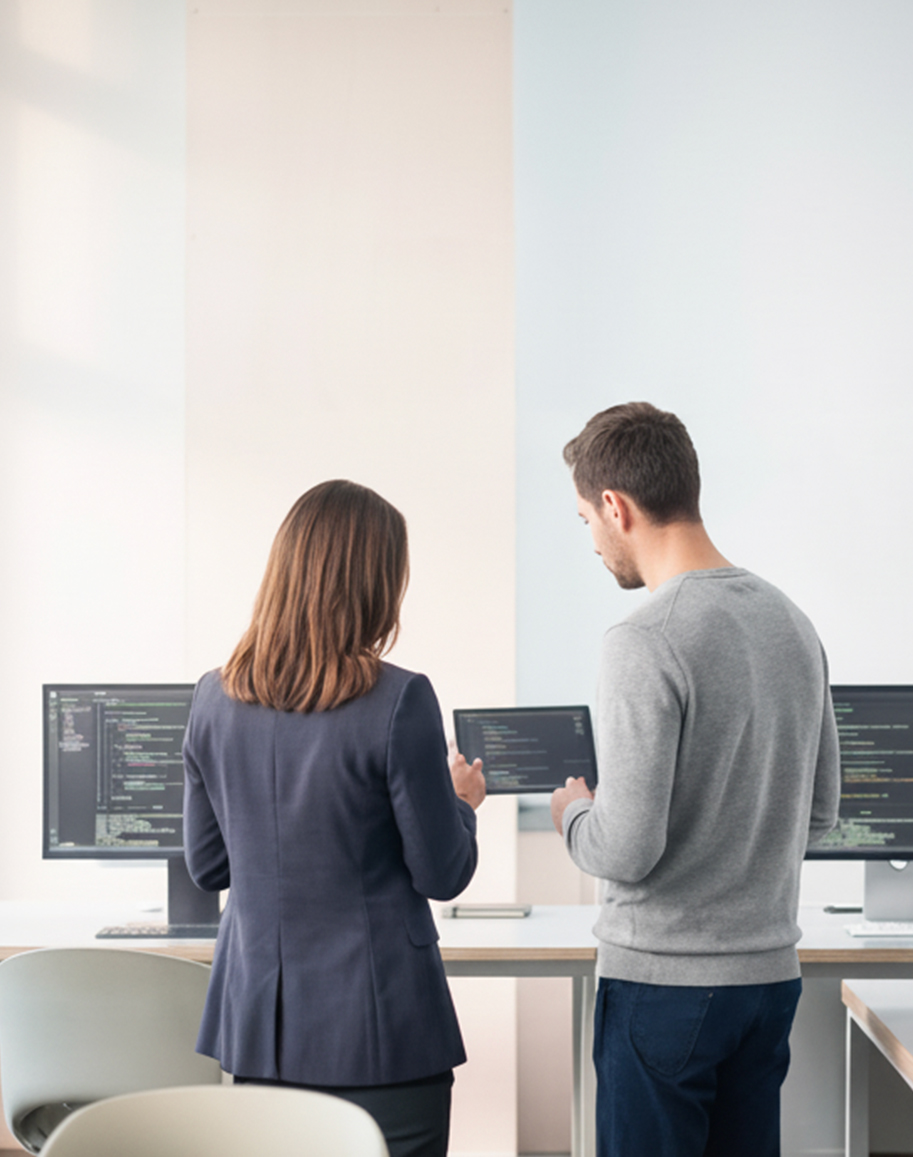 Menschen, die im Büro arbeiten und Daten auf einem Tablet überprüfen.