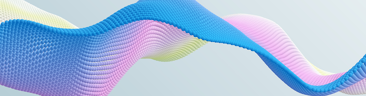 Abstract wavy structure made of colored spheres in blue, purple, and green on a light background