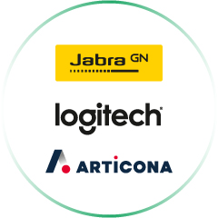 Partnerlogos von Jabra, Logitech und Articona.