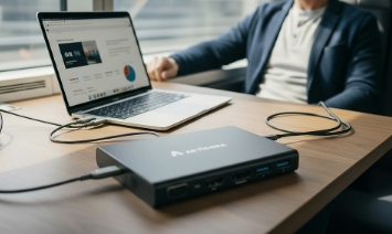 Dockingstation am Laptop im Business-Umfeld