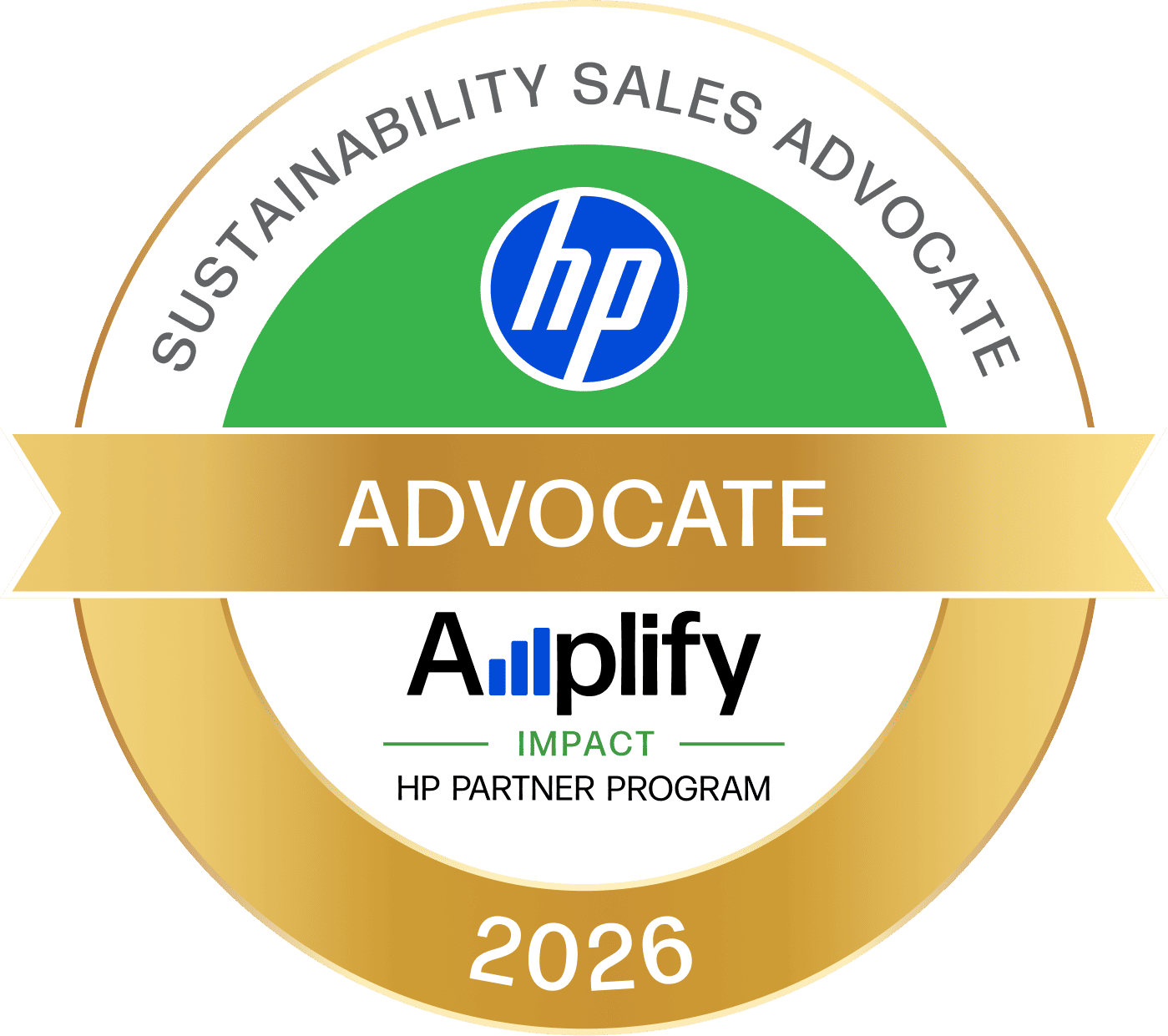 Badge for sustainability advocate in the HP partner program emphasizing impact and sales until 2026