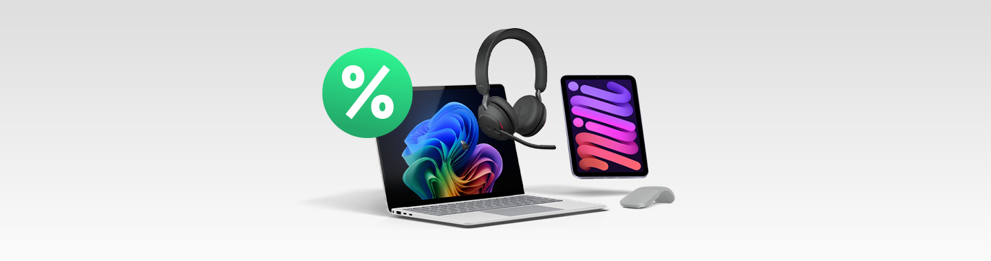 Laptop, Tablet, kabellose Maus und Headset als Technik-Set mit Symbol für Rabattaktion