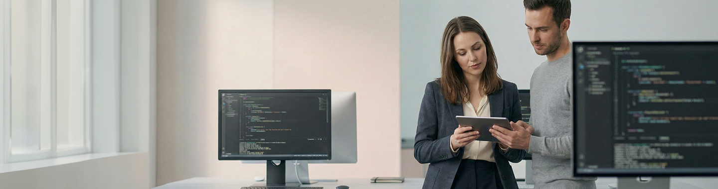 Checkpoint Cyber Security Lösungen.Bürosituation Mann & Frau am Datencheck.