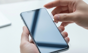 Schutzglas wird vorsichtig auf Smartphone gelegt