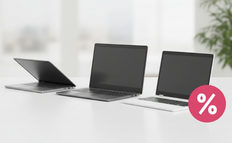 Drei moderne Notebooks auf Tisch im Sale Kontext