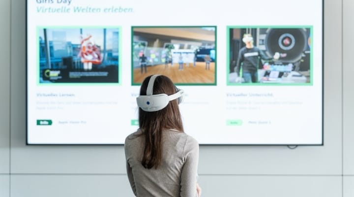 A girl with VR glasses looking at pictures