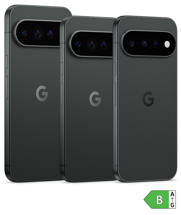 Drei moderne Smartphones mit Google-Logo in dunkler Farbe, Fokus auf Kameramodule und Design