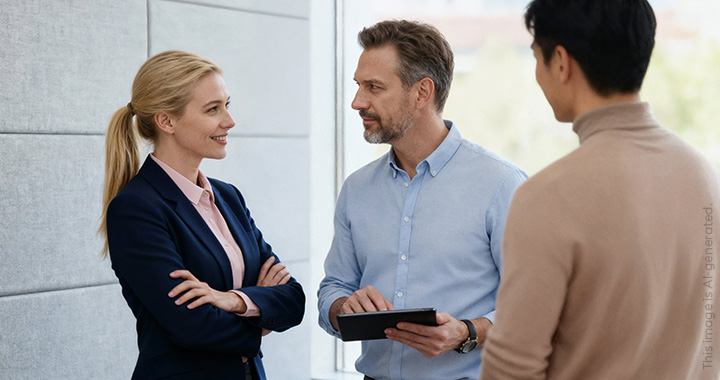 a woman and two men talking