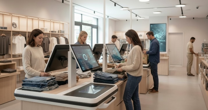 Kunden nutzen Selbstbedienungskassen im modernen Store