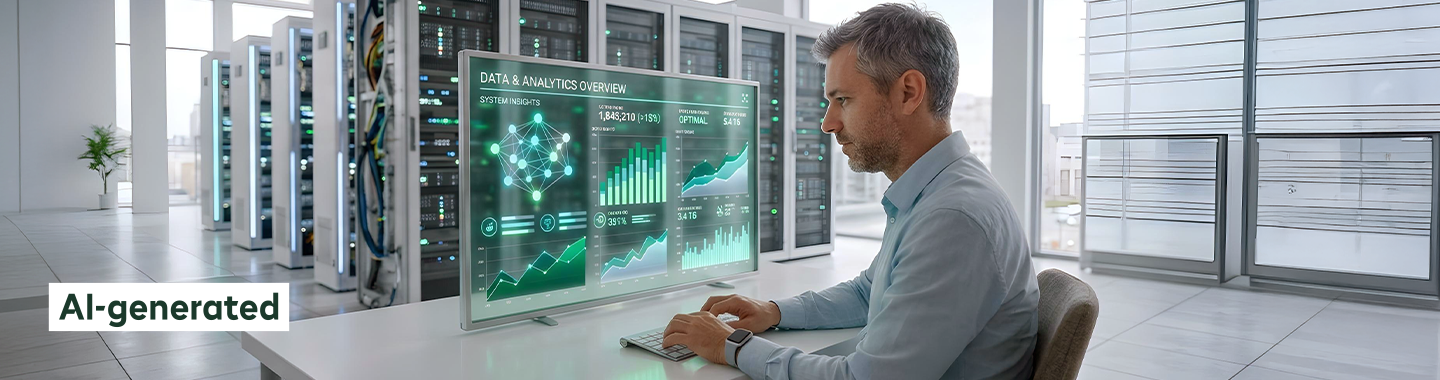 A man is working on a data and analytics overview in a server room