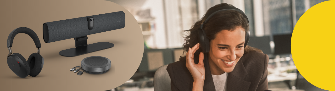Jabra. Woman working in the office while phoning with hear Jabra headset. 