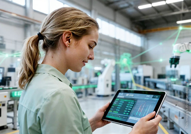 A woman stands with a tablet in a smart automated production facility