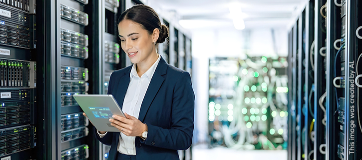 A woman is working in a server room on a tablet