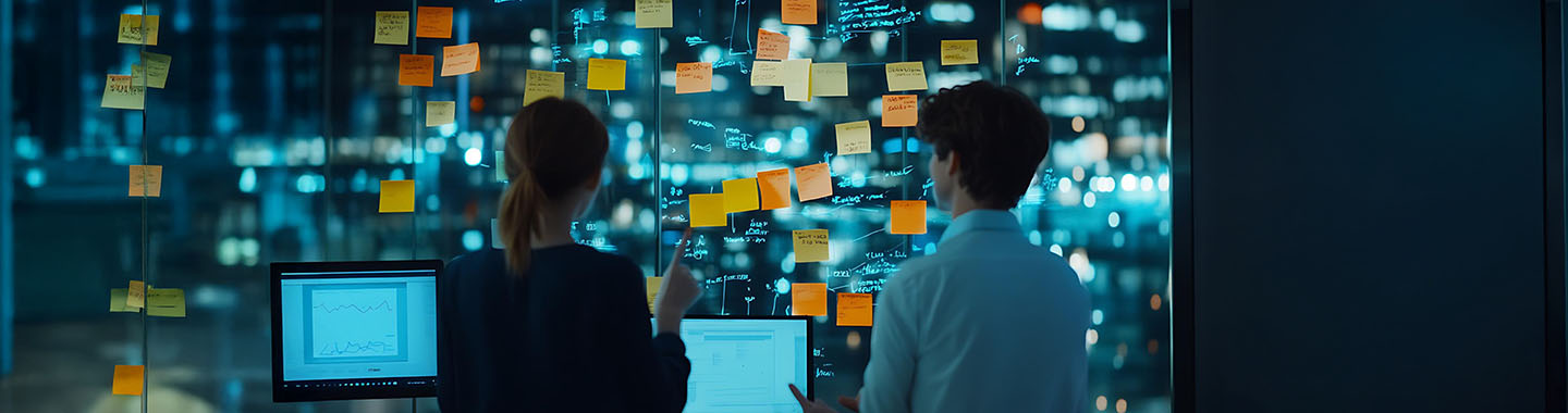 Man and woman looking at notes