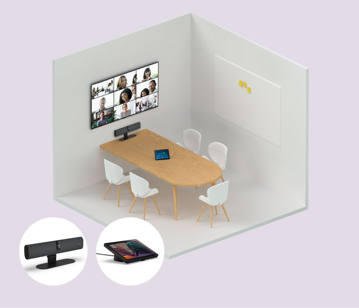 Small meeting room with a video bar and screen