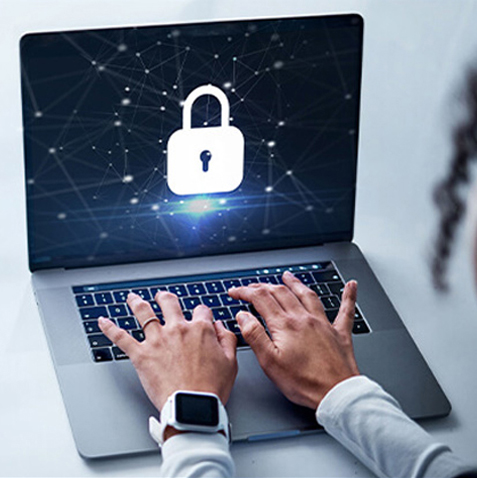 Woman working on a secured laptop.