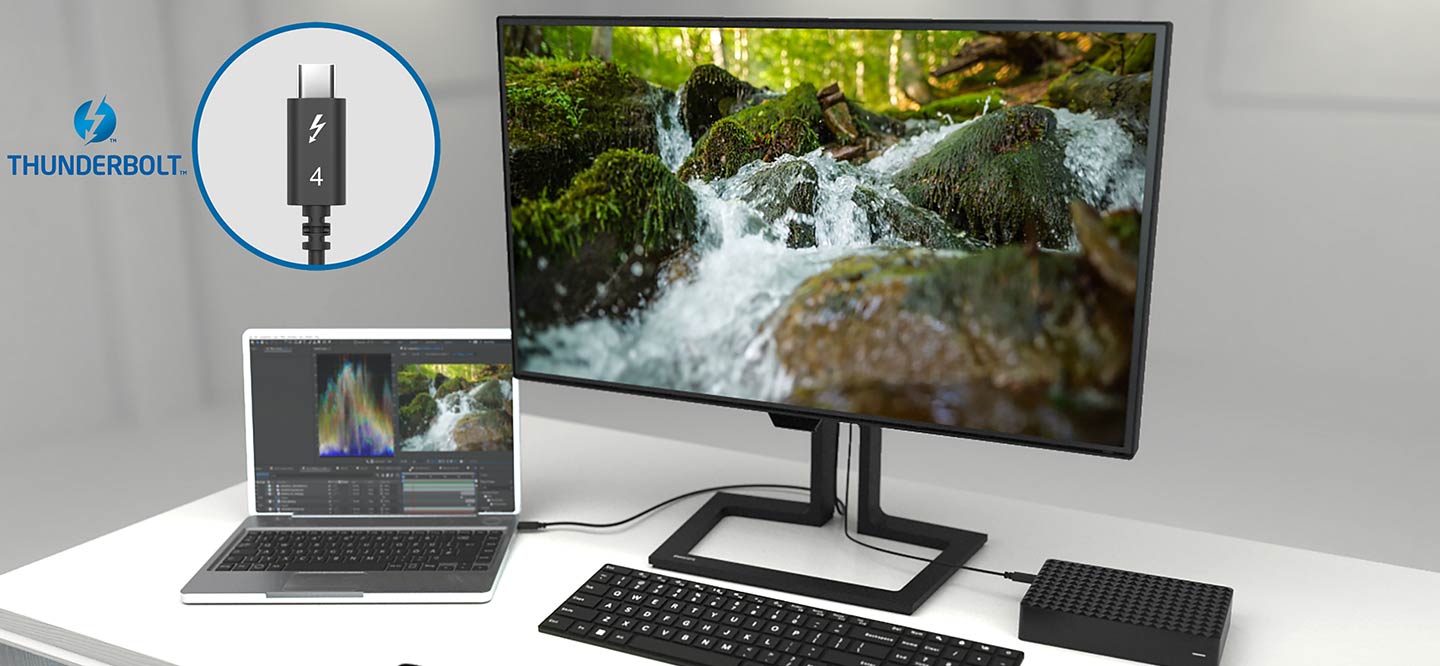 Ein Monitor mit USB-C angeschlossenen Geräten: Laptop und Festplatte.