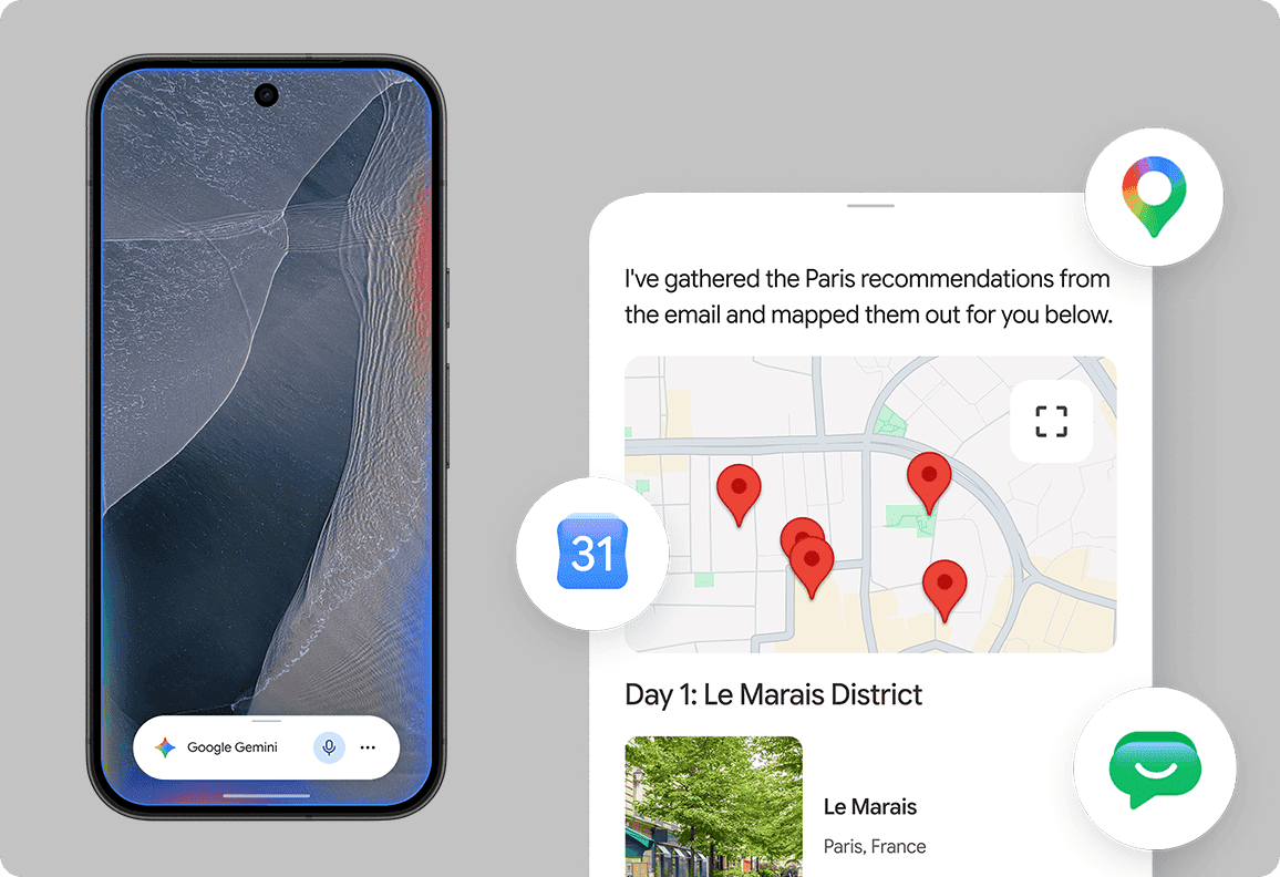 Smartphone with Google Gemini voice assistant and travel itinerary showing map pins and daily overview for Paris