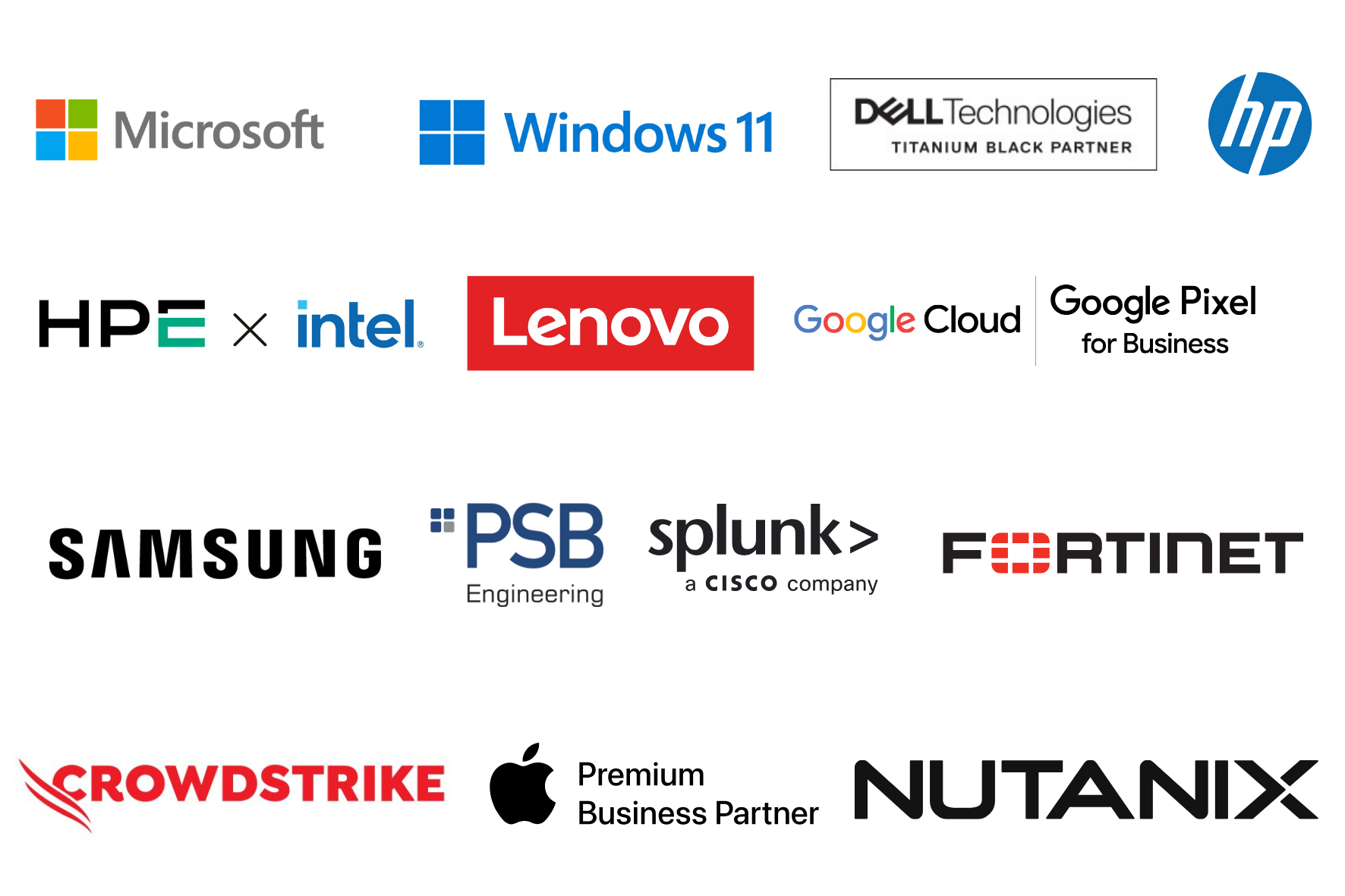 Partnerbanner mit den Logos von: Microsoft, Windows11, Dell Technologies, HPE, intel, Lenovo, Google Pixel for Business, hp, Samsung, PSB Engineering, splunk> a cisco company, fortinet, crowdstrike, apple premium business partner, Nutanix