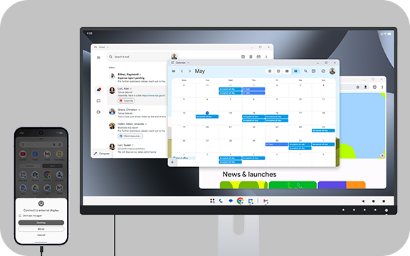 Smartphone mit Verbindungseinstellungen neben großem Monitor mit geöffneten E-Mail-, Kalender- und Browserfenstern zur Produktivitätssteigerung