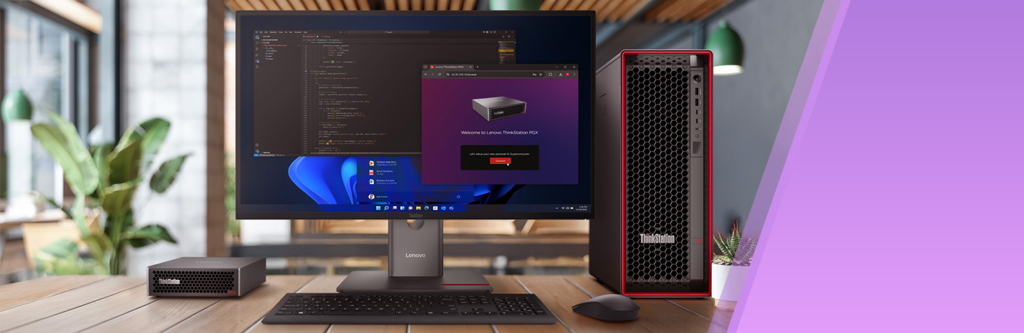 Auf dem Schreibtisch steht eine Lenovo ThinkStation PGX Workstation.