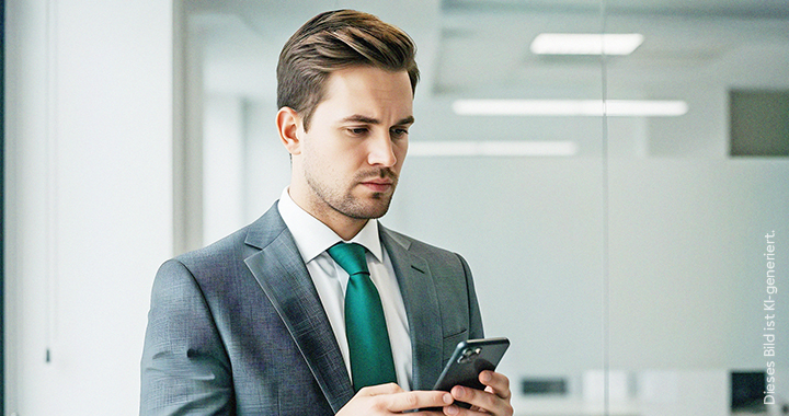 Geschäftsmann, der auf sein Smartphone schaut.