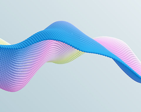 Abstract wave-shaped structure with blue, pink, and yellow tones on a light background