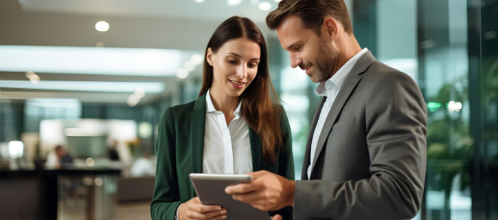 ein Mann und eine Frau schauen auf ein Tablet