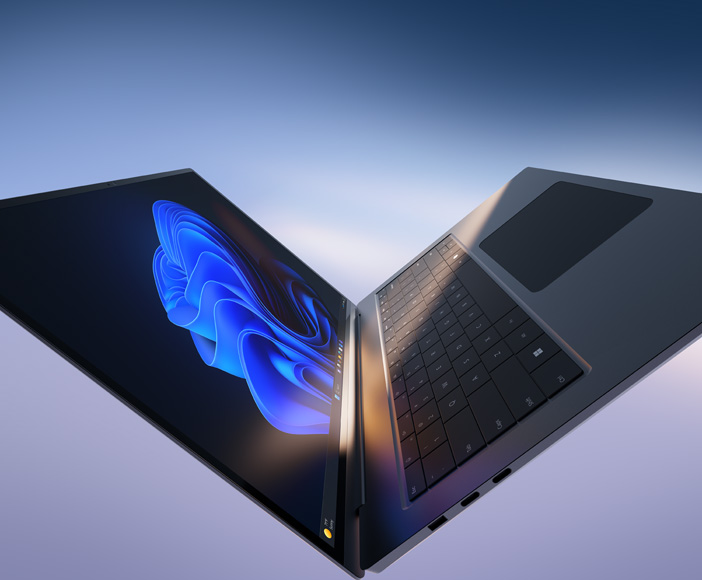 Moderner Laptop mit geöffnetem Display und Windows-Betriebssystem in stilvoller Präsentation