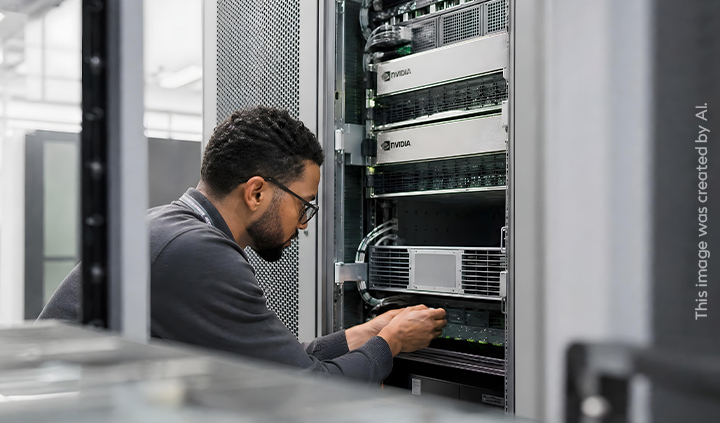 A man is repairing a server