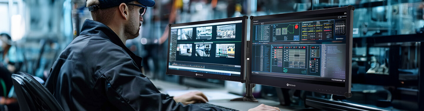 Ein Mitarbeiter sitzt in einer Fabrik am Schreibtisch und arbeitet mit einer AG neovo Display-Lösung