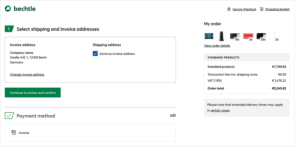 Checkout page layout with navigation bar on the left and order section on the right