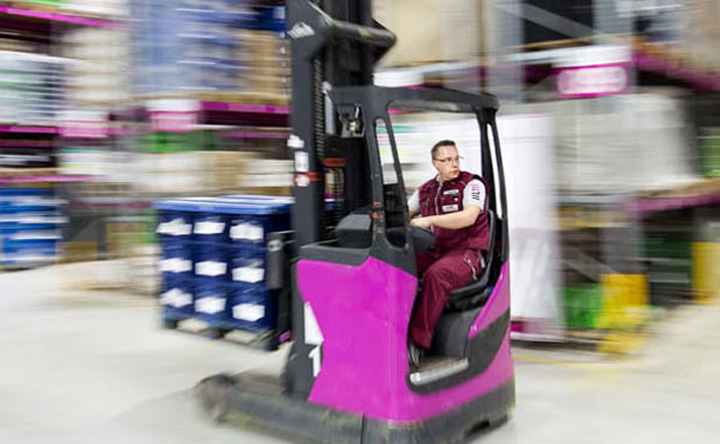 A forklift in a warehouse