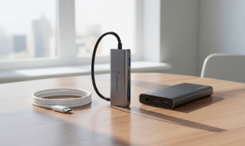 USB-C-Hub und Powerbank auf hellem Schreibtisch