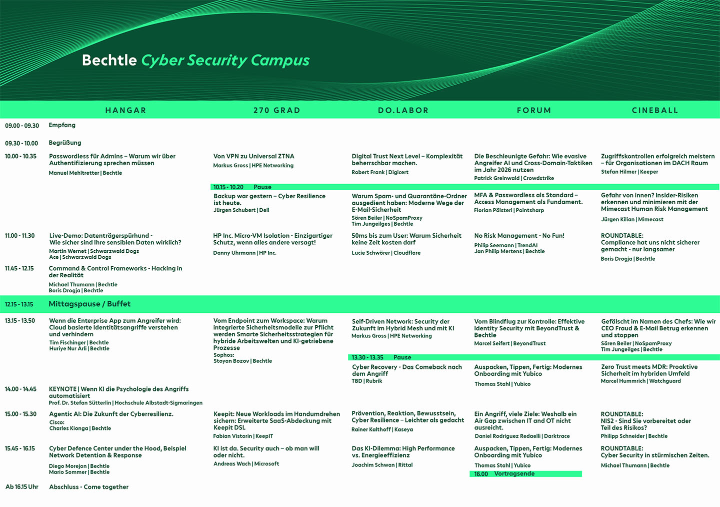 A graphical representation of the agenda for the Bechtle Cyber Security Campus 2026
