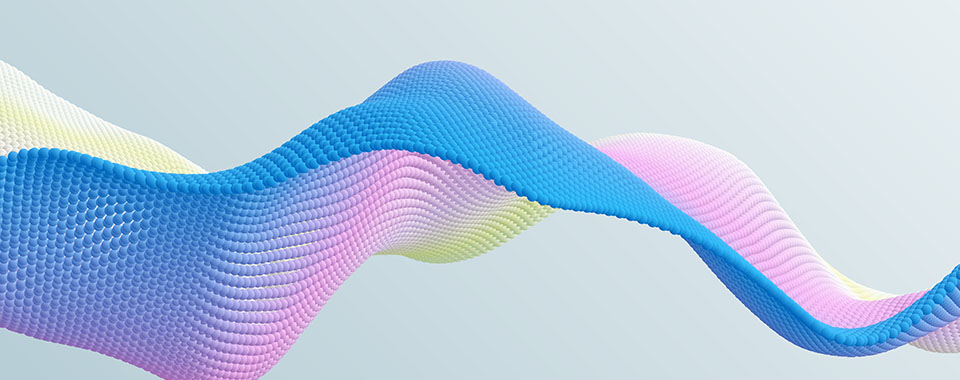 Abstract wave-shaped structure with blue, pink, and yellow tones on a light background