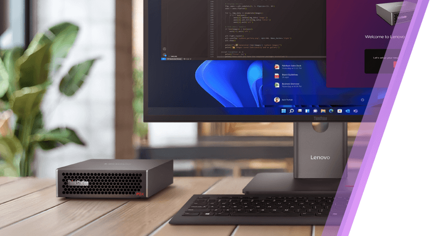 Auf dem Schreibtisch steht eine Lenovo ThinkStation PGX Workstation.
