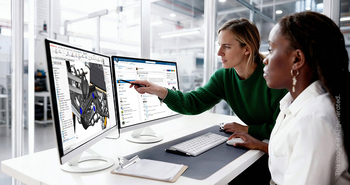 Two women are sitting in front of two monitors in a modern production hall, checking the process.