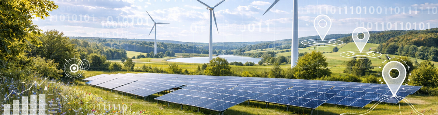 Landscape featuring solar and wind power with graphic details