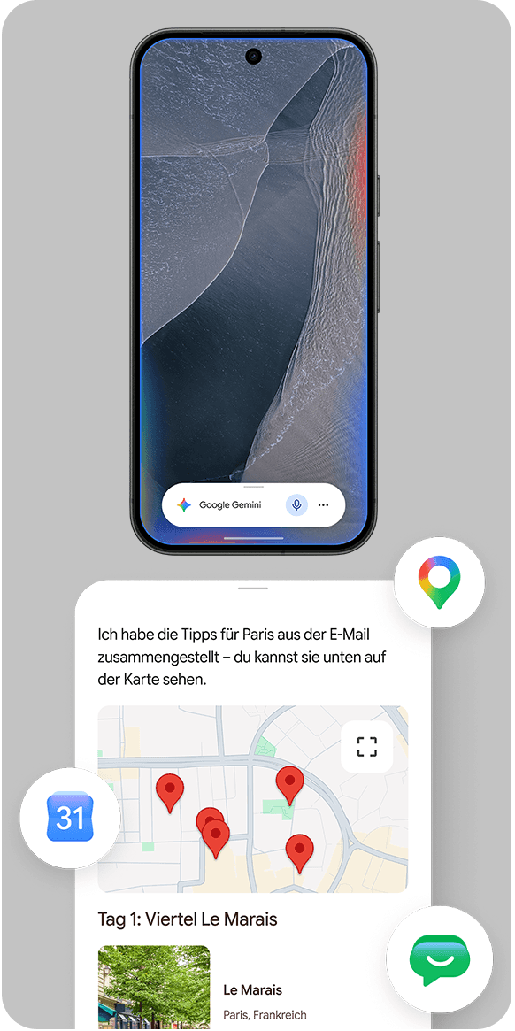 Smartphone mit Google Gemini Sprachassistent und digitaler Karte mit markierten Orten für Reisetipps in Paris