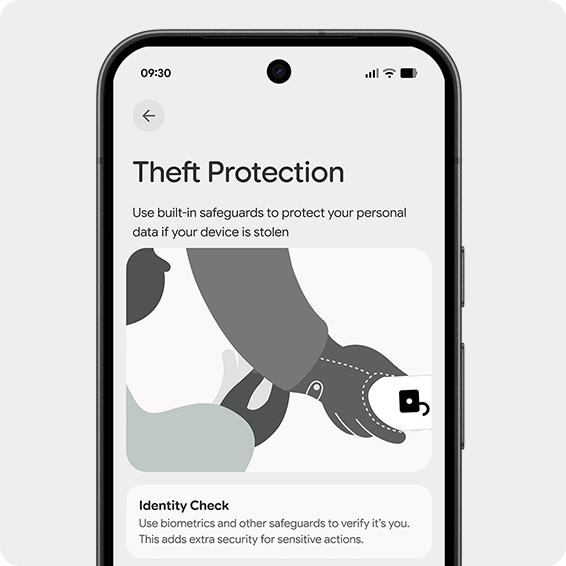 Smartphone screen displaying theft protection feature with identity check to secure personal data if device is lost