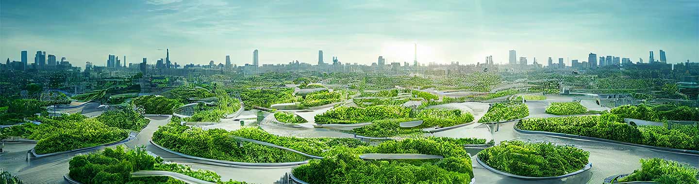 city skyline and park with trees