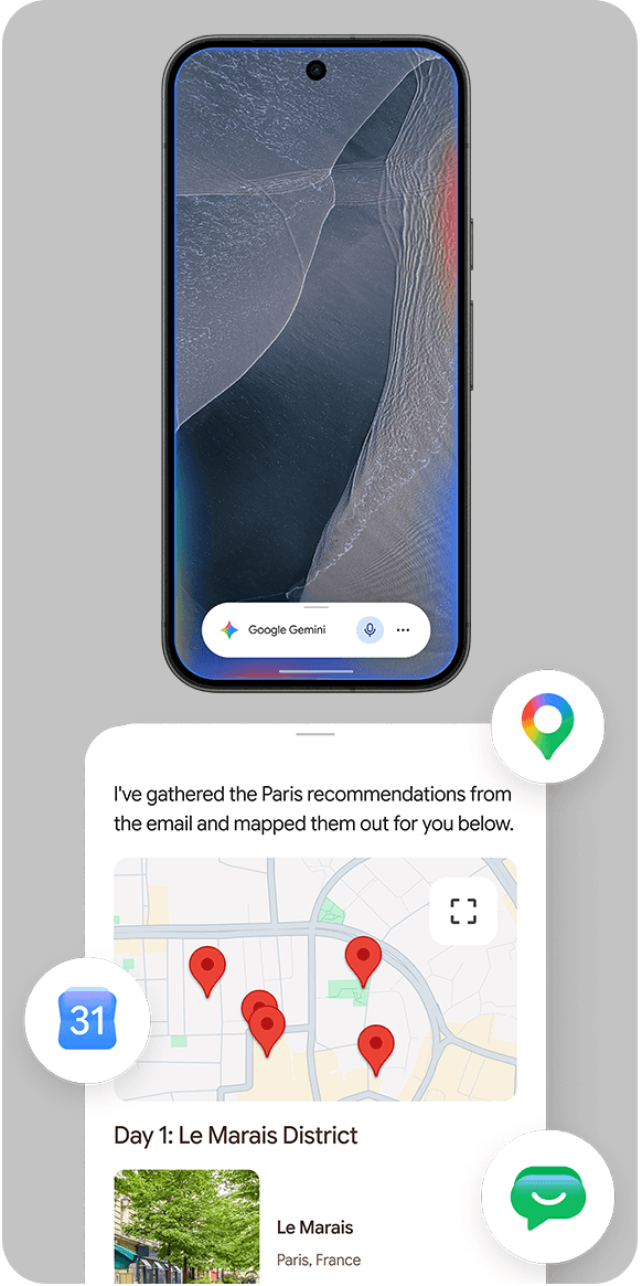Smartphone with Google Gemini voice assistant and interactive map showing travel destinations in Paris