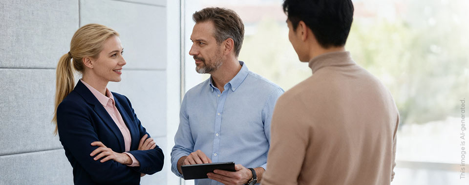 a woman and two men talking